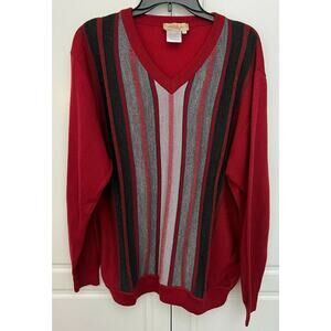 Vintage Montechiaro Italy Men's Sweater XL Red/Gray Stripe V Neck Wool Blend